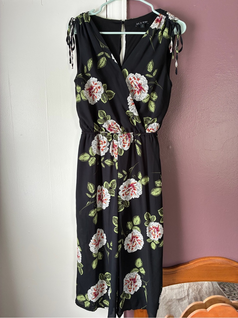 As U Wish Black Floral Wrap Capri Jumpsuit